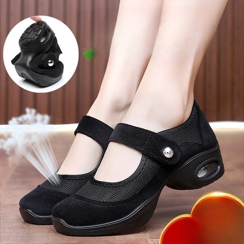 

2026 женские черные сетчатые танцевальные туфли Мэри Джейн на танкетке, дышащая удобная нескользящая повседневная повседневная обувь Q-462