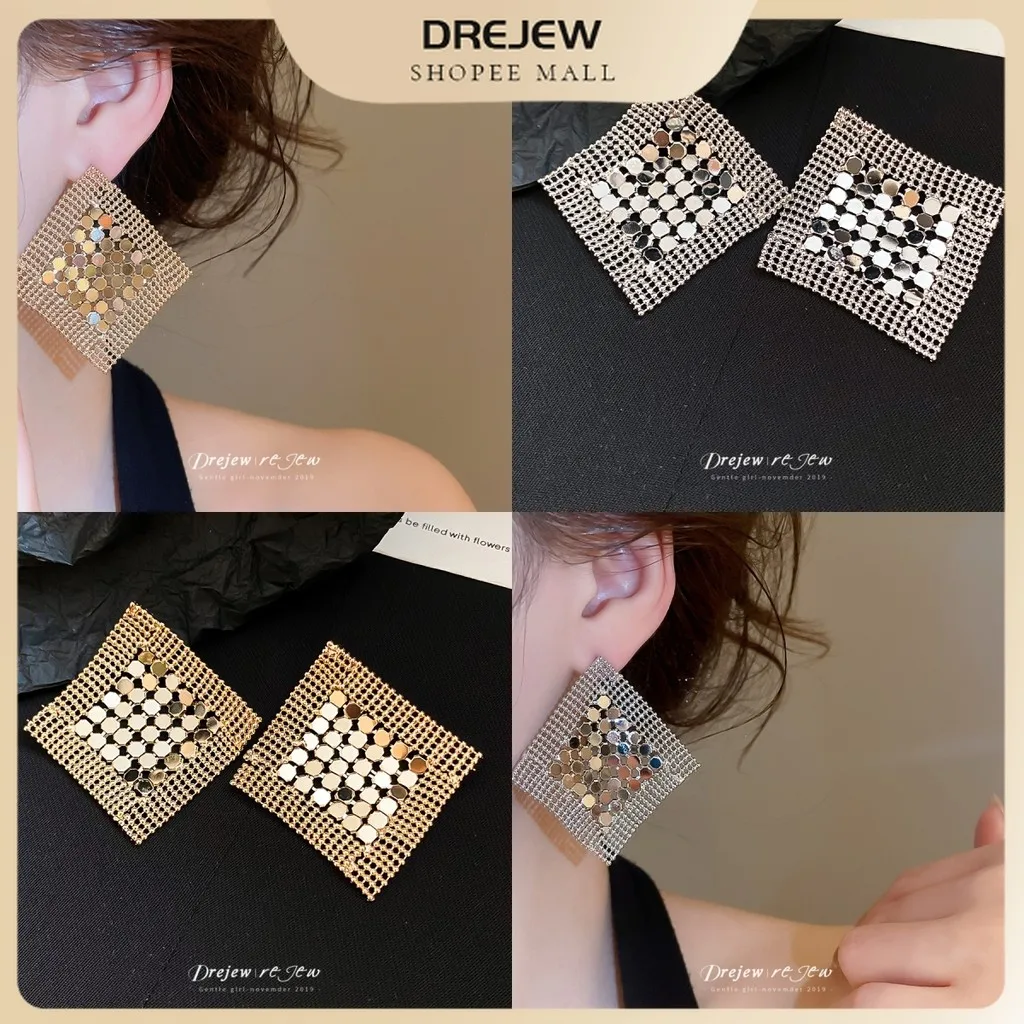 DREJEW Women's Rhombus Mesh Gradient Sequin Stud Earrings - Luxury Sparkling Banquet Slim Face Daily Fashion Jewelry
