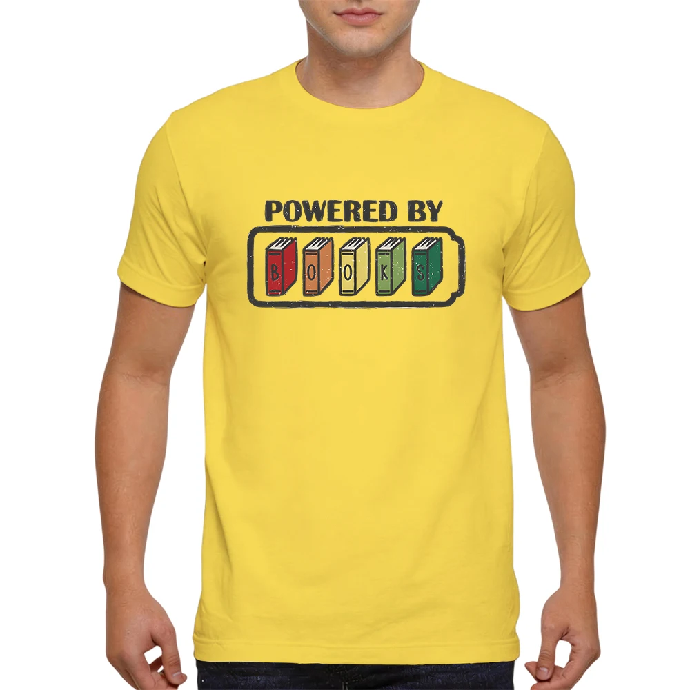 Mens 100% Cotton T Shirt Powered By Books Book Lover Battery Shape Retro Distressed Print Breathable Short Sleeve Daily Wear