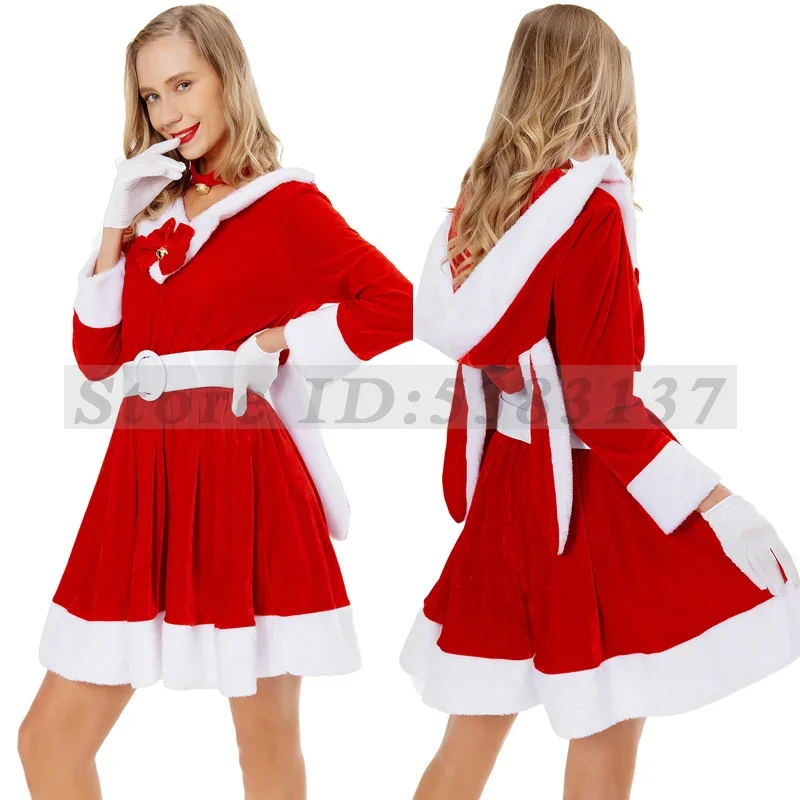 Fancy Dress Long Sleeved Velvet Dresses Autumn Winter Christmas Sexy V-Neck Hooded Costumes Halloween Party Role Play Colthes