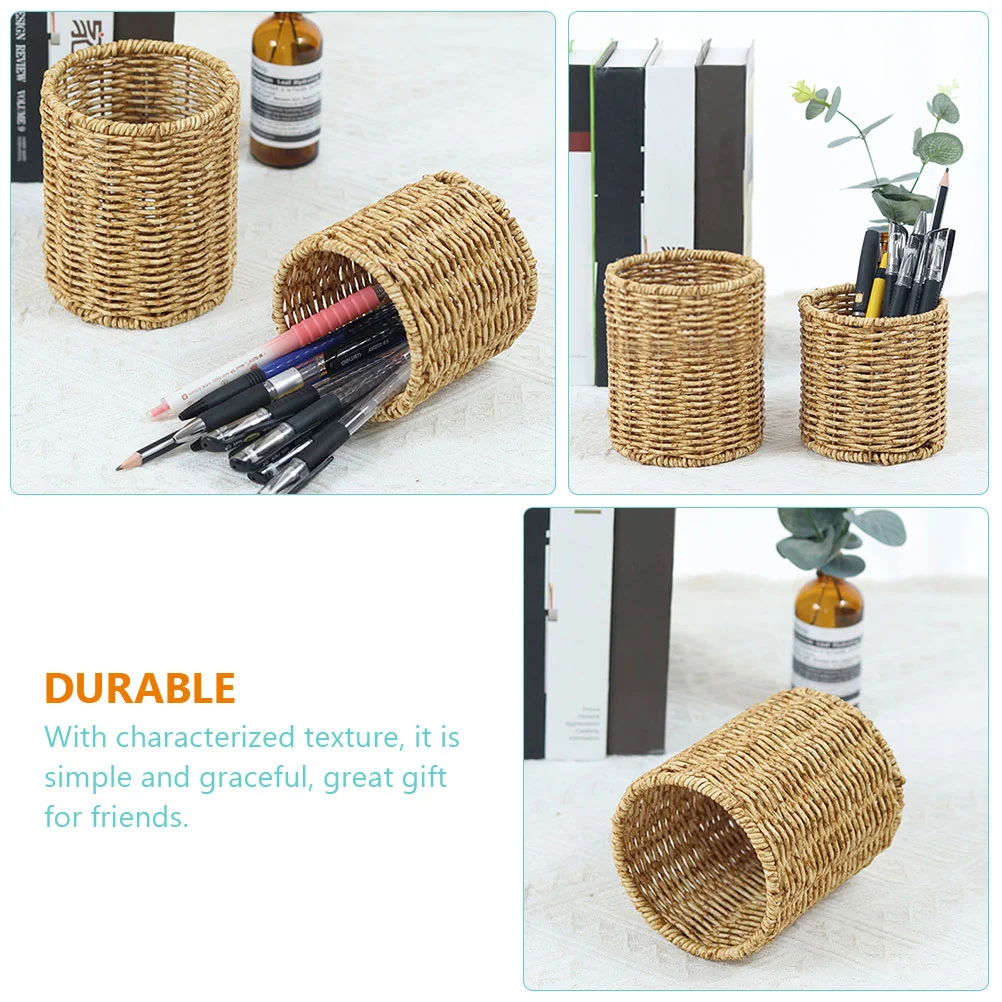 Pen Holder Desktop Organizer Container Pencil Gel Tabletop Imitation Rattan Pot Stationery Storage Box