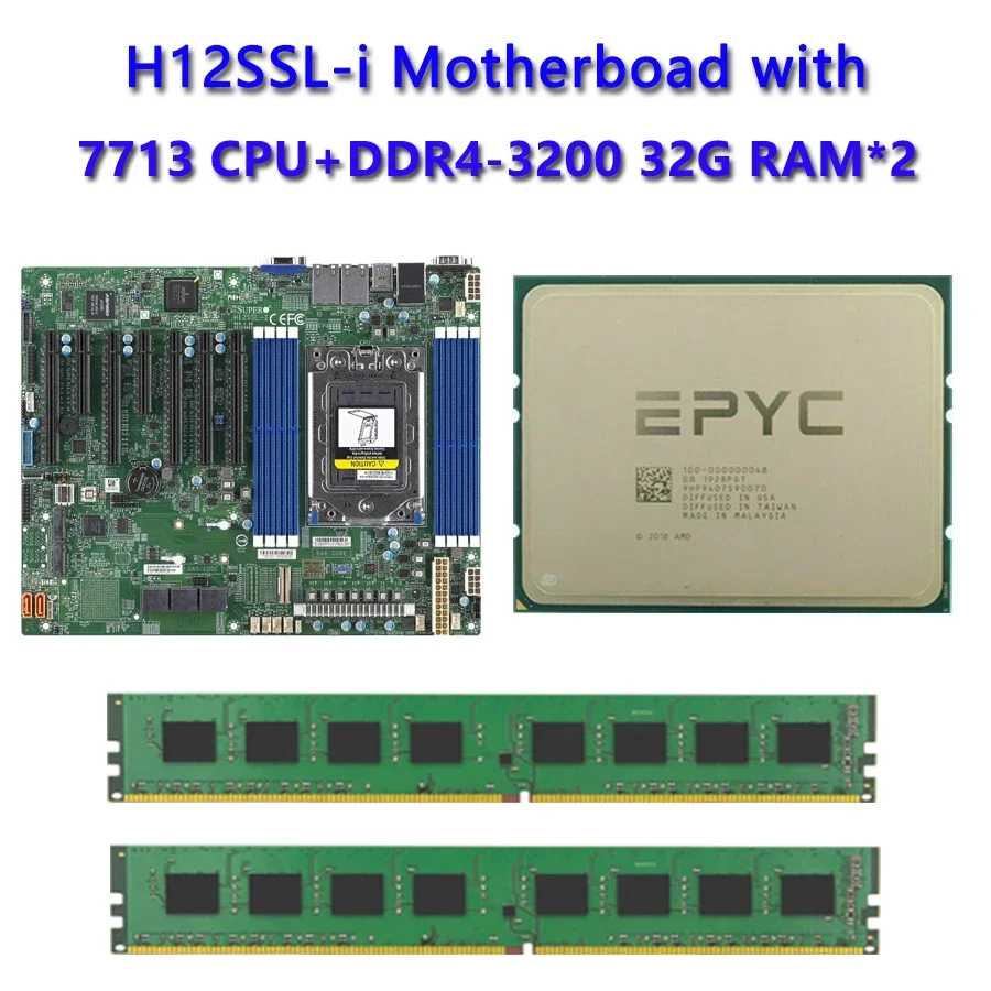 For Supermicro H12SSL-i Motherboard  /  1* EPYC 7713 2Ghz 64Core/128 Thread L3 Cache CPU Processor  / 2*32GB=64GB DDR4  3200mhz