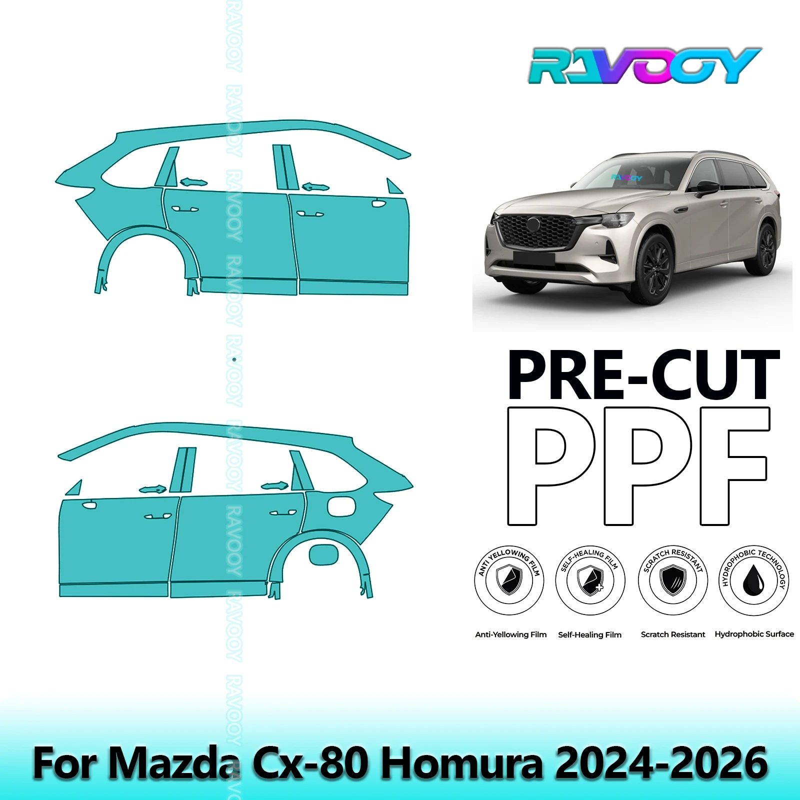

For Mazda Cx-80 Homura 2024-2026 8.5mil Clear Matte Pre-Cut PPF Door & A/B Pillar Kit TPU Paint Protection Film Set