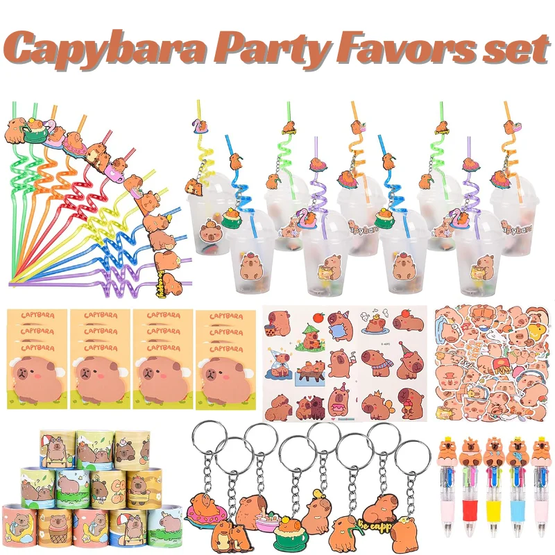 

12/24Set Capybara Party Favors Cute School Supplies Goodie Bag Stuff with Straw Cups Keychains for Capybara Birthday Gifts