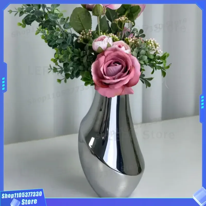Nordic Silver Vase Luxury Home Decor Modern Flower Arrangement Ornament for Living Room Office Jewelry Display Art Piece