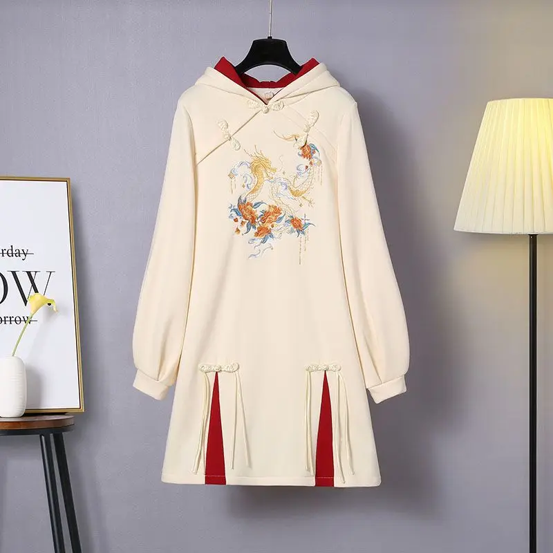 

New Winter Thickened Long Sleeved Hanfu Cheongsam Chinese Style Embroidery Spliced And Velvet Thickened Sweatshirt Qipao Dresses