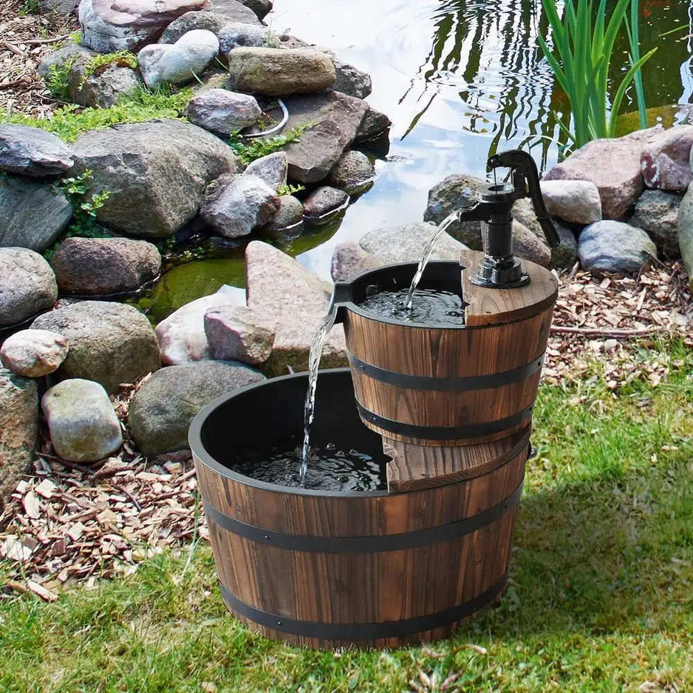Wood reestanding ountain with 2 Tier Waterall Barrel, Electric Pump or Garden Decor, Lawn, Backyard | Electric Pump, Garden Deco