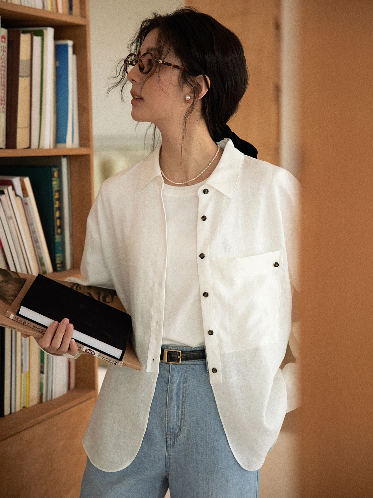 

Женская винтажная льняная рубашка Solighter с длинным рукавом, свободного кроя, однотонная, с воротником, на пуговицах, для повседневной носки