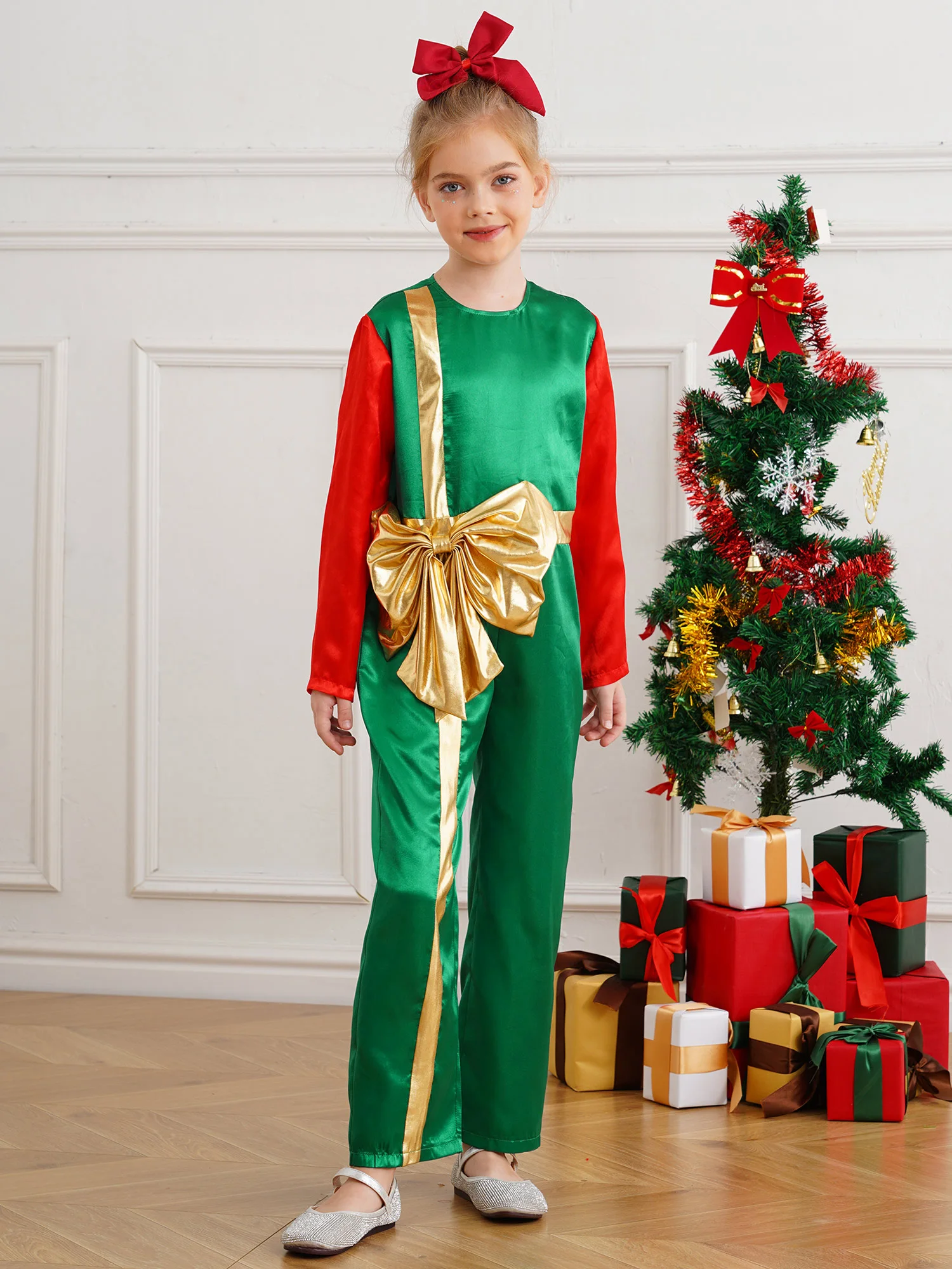 6-16Y Boys Girls Christmas Jumpsuit Xmas New Year Party Halloween Santa Gift Box Cosplay Costume Long Sleeve Bow Knot Bodysuit