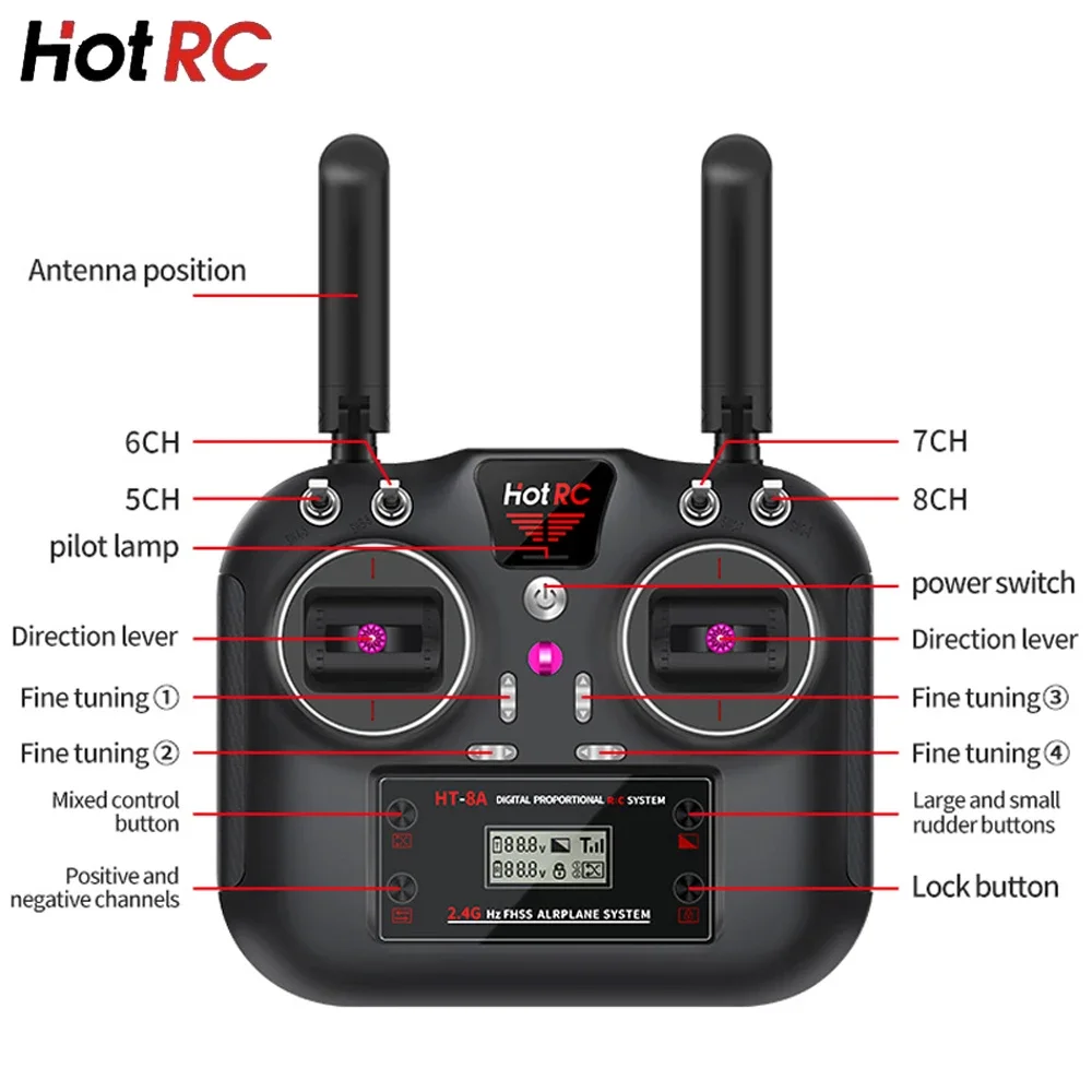 Hotrc Hot RC HT-8A HT8A 4.5-9V 2.4Ghz 8CH PWM FHSS Nadajnik zdalnego sterowania F-08A F08A Odbiornik do RC Samolot Samochód Statek Czołg