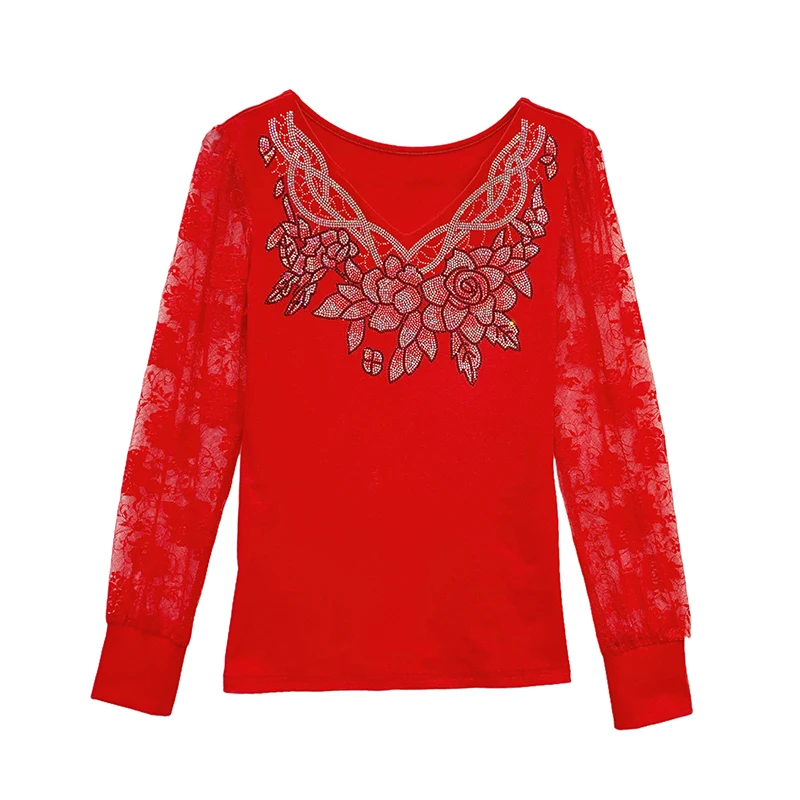 

Korean Fashion Women Tops V Neck Long Sleeve Patchwork Lace Shirt Autumn Casual Diamond T Shirt