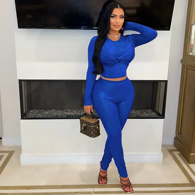 

2024 Autumn Winter Solid Pu Leather Slim Casual 2 Piece Set Women O Neck Twist Long Sleeve Crop Top High Waist Pants Streetwear