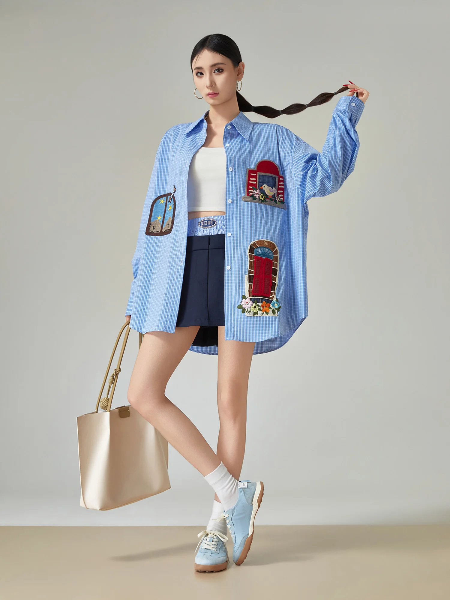 

American Retro Fun Patchwork Embroidery Blue Striped Casual Loose Women's irt Design Sense Netie Blouse