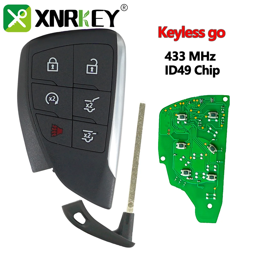 XNRKEY 6 Buttons 433 Mhz ID49 Chip with Emergency Key Keyless Go Remote Key Fob For Cadillac Escalade 2021 2022