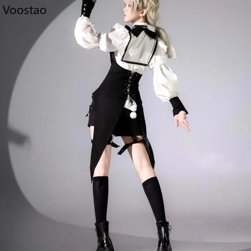 

Женский комплект из 3 предметов: белая рубашка с бантом, черный жилет, шорты. Повседневный винтажный костюм в стиле принца, японский готический стиль Y2K Лолита.