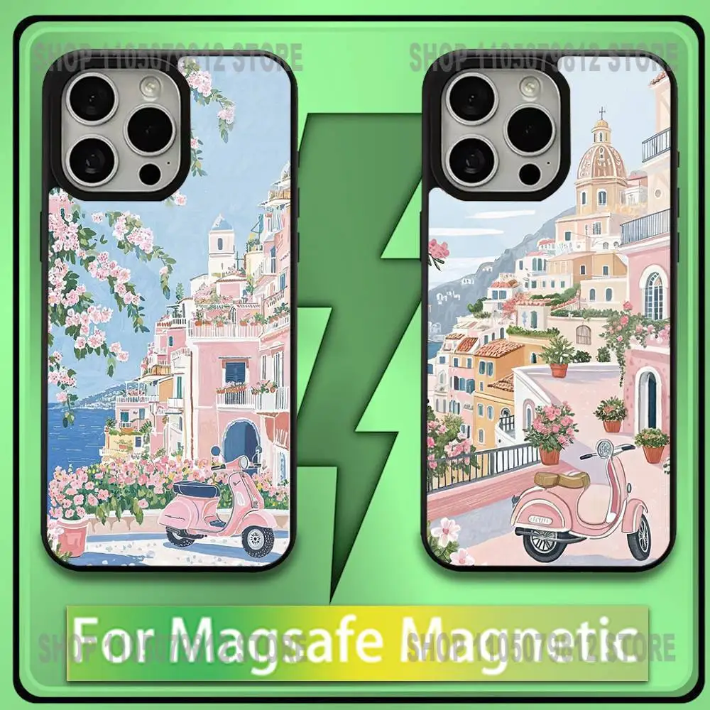 

Pink Scenic Motorcycle Car Phone Case For iPhone17,16,15,14,13,12,11,Plus,Pro,Max,Mini Soft Magesafe Magnetic Wireless Charge