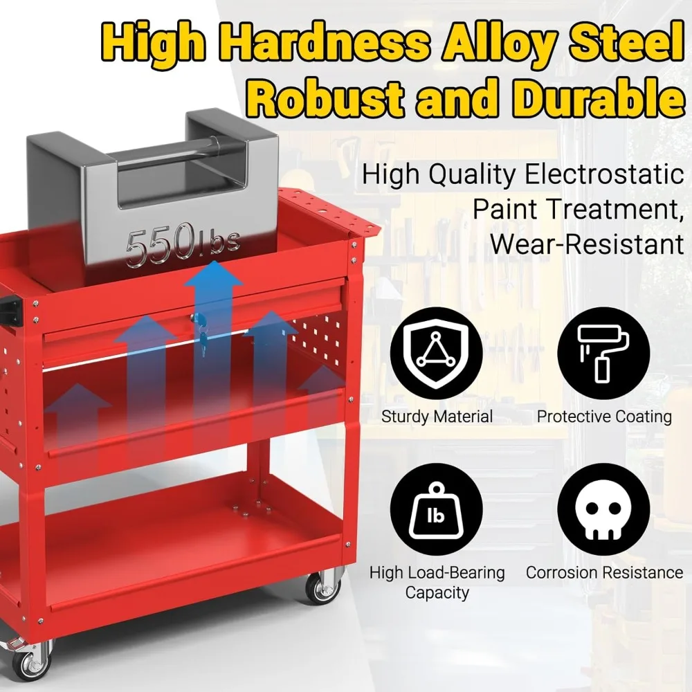 頑丈な3段式ローリングツールカート（引き出し付き）、耐荷重550ポンド、メカニックツール用のペグボードとフック付きユーティリティカート