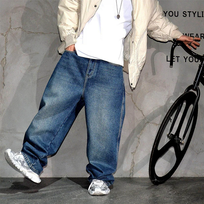 Japanese Style Simple Blue Washed Wide Leg Jeans Men, Loose Straight Korean Fashion Streetwear Pants