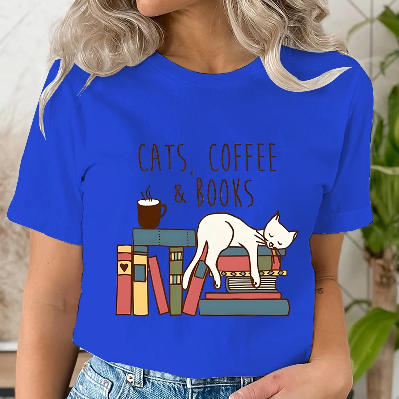 Cats Coffee Books Women Cute Bookworm T-Shirts Funny Book Lover T Shirt Vintage Reading Graphic Tees Female Bookish Tops Tshirt