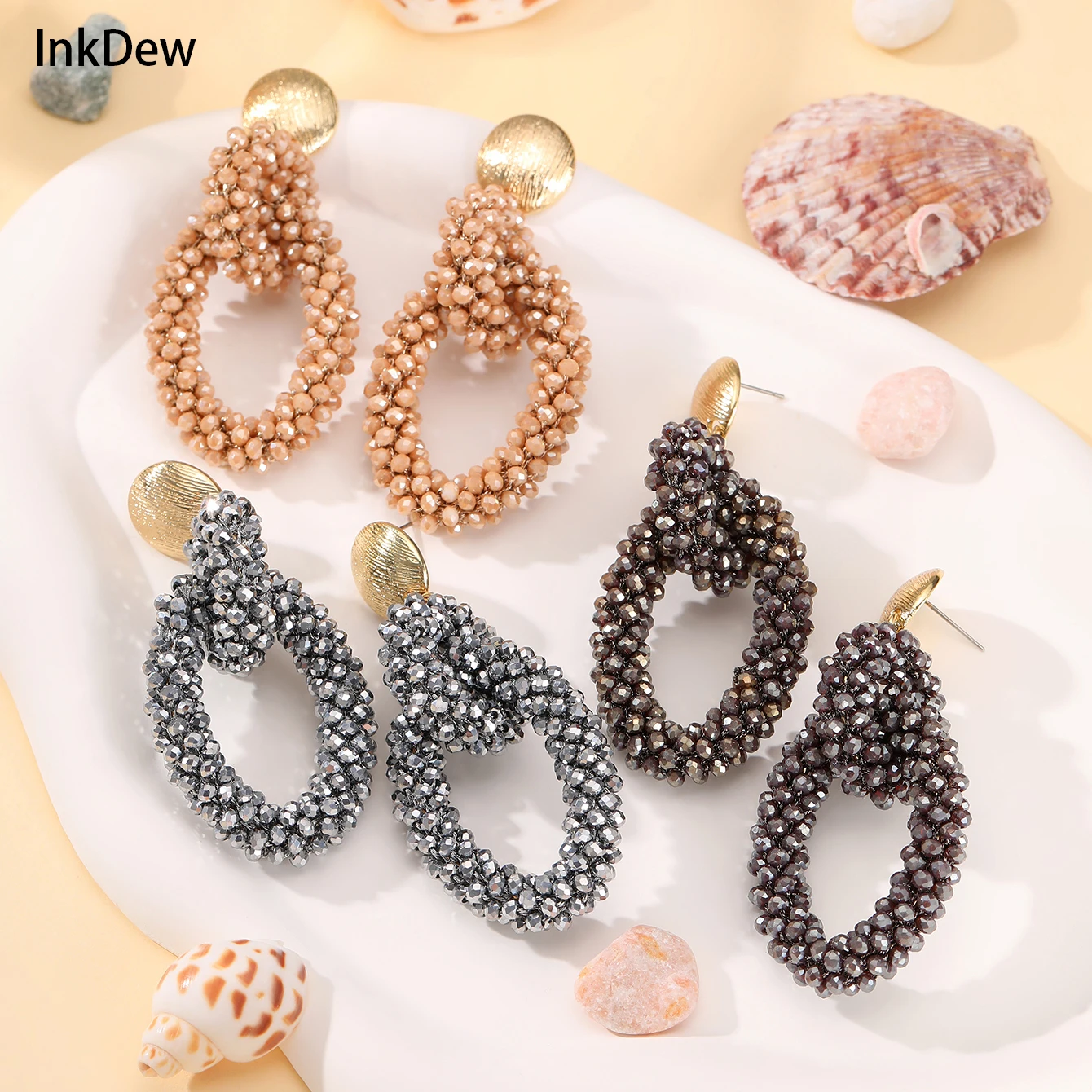 INKDEW Double Circle Oval Drop Earrings for Women Handmade Crystal Beads Earrings String Long Earrings Fashion Jewelry EA140