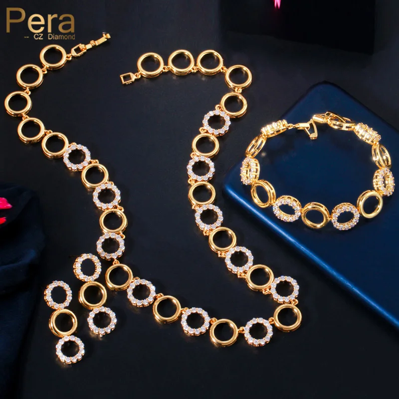 

Pera Noble Yellow Gold Color CZ Zirconia Women Wedding Chocker Necklace and Earrings Bracelet 3Pcs Jewelry Sets for Brides J421