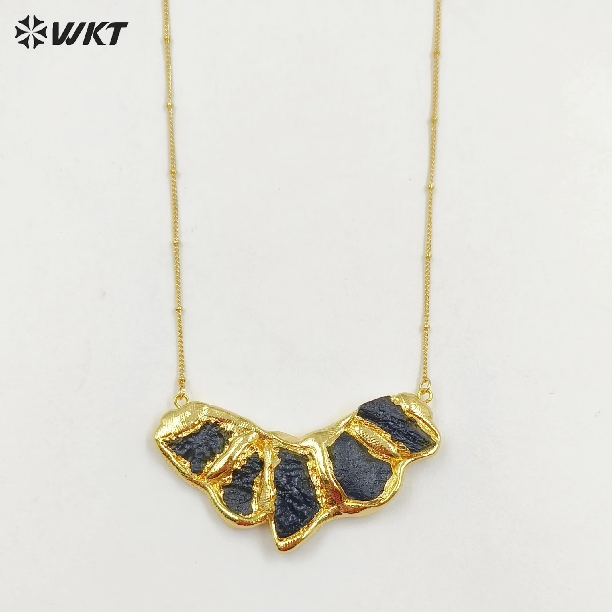 

WT-N1476 Unique Hot Sales 18K Real Gold Plated Double Loops Elegant Black Meteorite Statement Stone Necklace With Chain