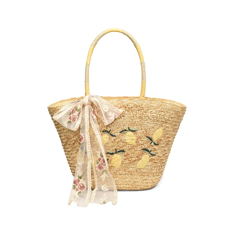 Summer Large Straw Bags for Women Handmade Beach Bags 2024 Korean Fashion Ribbon Woven Handbags Travel Shopper Shoulder Bags