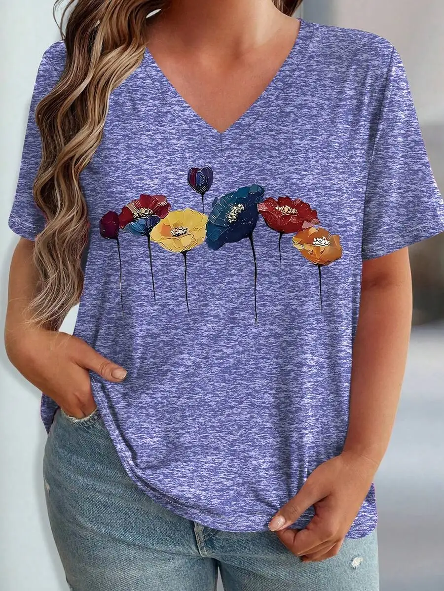 

Casual V-Neck Short Sleeve Floral Print T-Shirt For Women