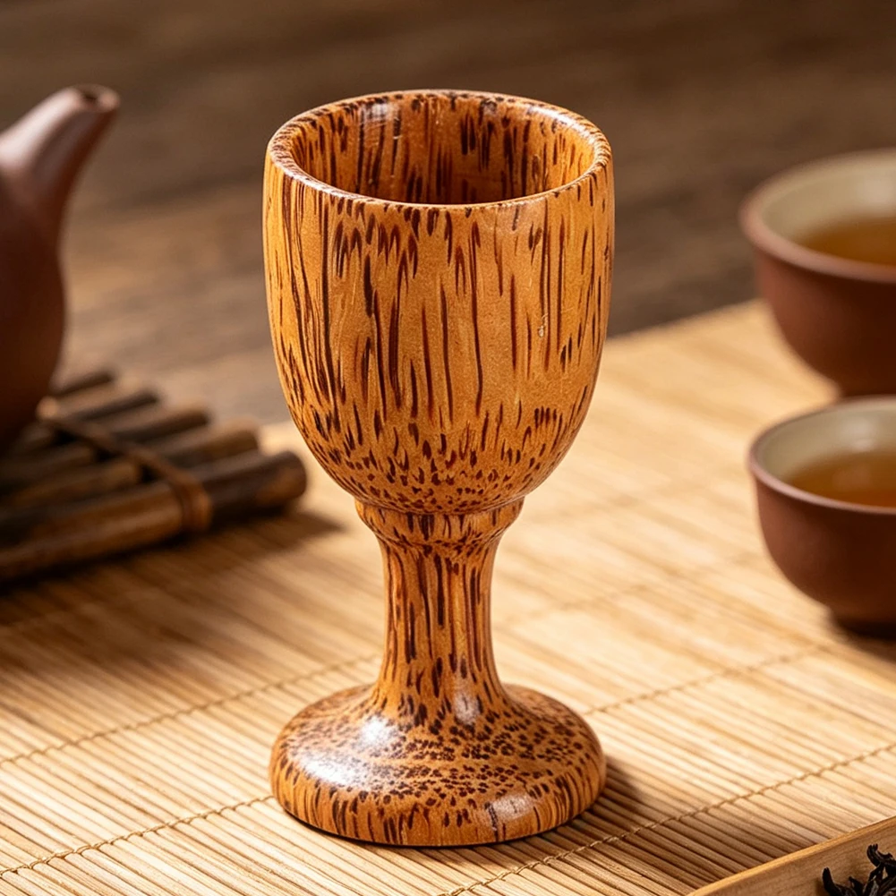 Natural Coconut Wood Goblet Mini Handcrafted Wooden Wine Cup Stemmed Sake Tea Chalice Rustic Tealight Candle Holder 8x3.8cm