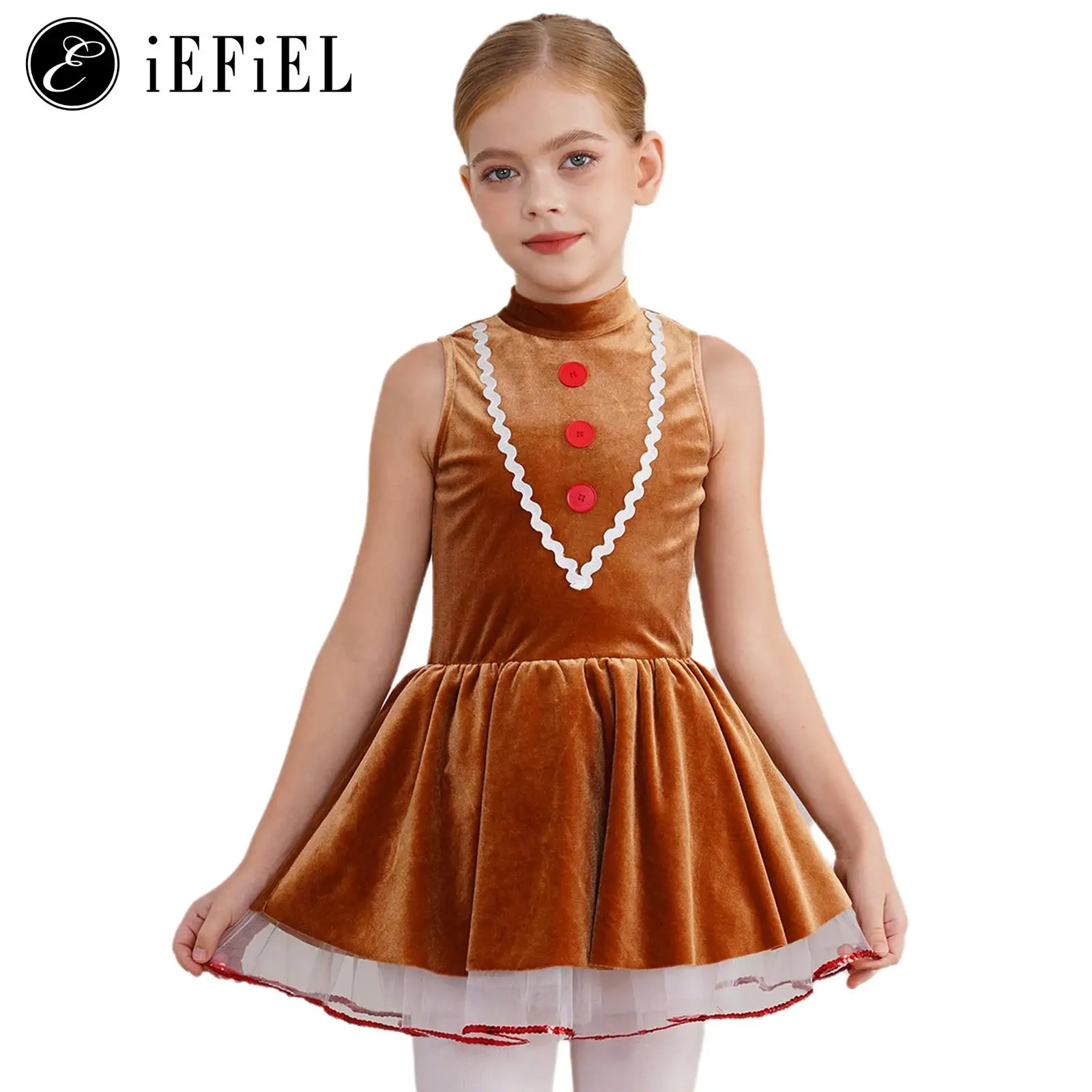 

Girls Christmas Cookie Gingerbread Man Fancy Dress-up Mock Velvet Tutu Dance Dress School Holiday Show Stage Costume