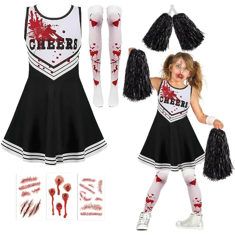 

Halloween Cheerleader Costume Adults Kids Scary Dress Stockings Fake Blood Tattoo Stickers Fancy Dress Costume for Girls Child