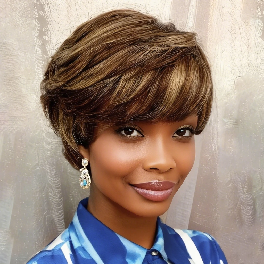 

Короткие парики с мелированием 4/27, светло-русые, стрижка пикси, для женщин, с челкой, из натуральных волос, полностью машинной работы.