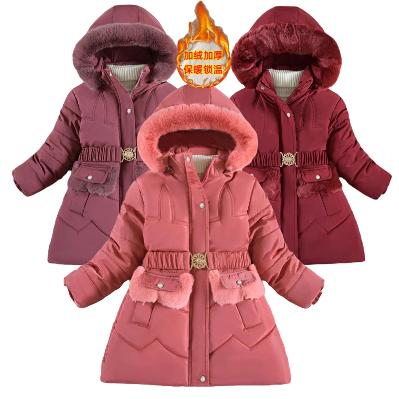 

-30℃ Winter Cotton Coat Big Kids Thickened Hooded Padded Parka Jackets For Girls Warm Long Outerwear Plus Velvet Snowsuit 4-12Y