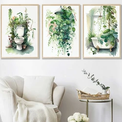 Botanical Bathroom Poster Watercolor Bathtub Shower Print Canvas Painting Monstera Wall Art Pictures for Laundry Toilet Decor