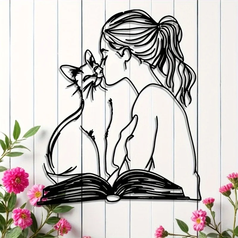 Metal Wall Art Depicting a Girl Kissing a Cat, 1pc- Stylish Black And White Line Illustration, Size 15.7X 14Inch,1pc