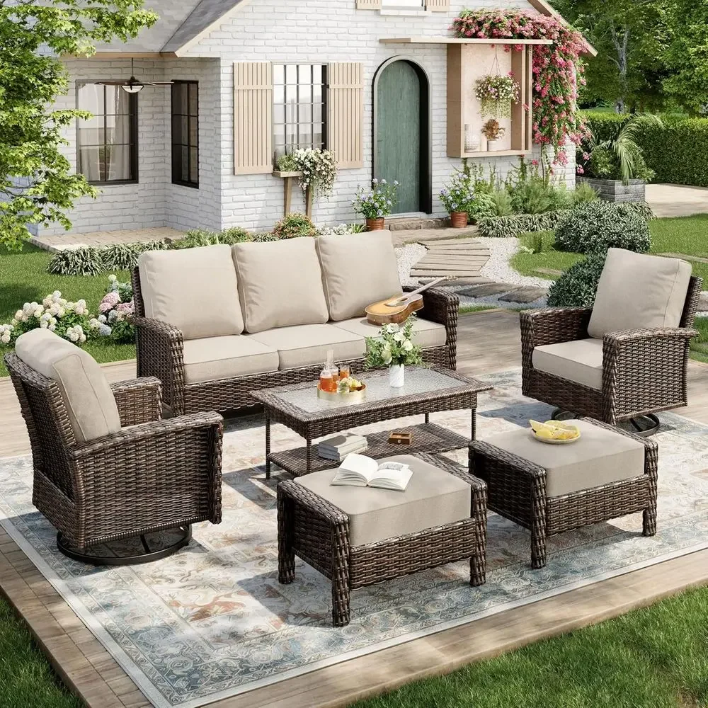6-Piece Beige Wicker Patio Furniture Set with Swivel Chairs, High Back Cushioned Outdoor Set for Deck and Pool