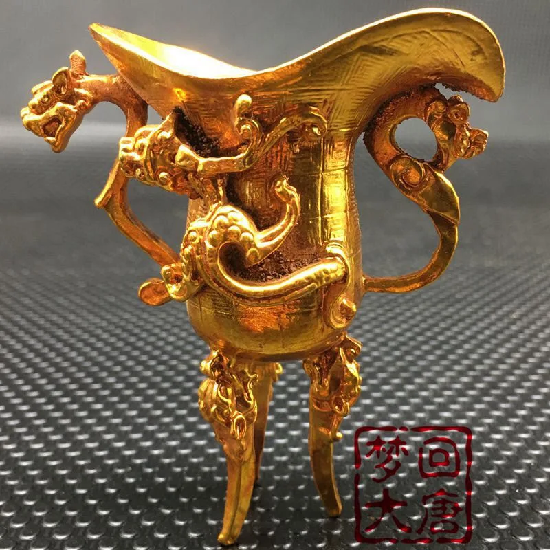 

Vintage Old Object Chilong Wine Vessel Ancient Wine Cup Emperor Dragon Head Three-legged Goblet Bronze Gilt Collectible Ornament