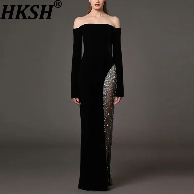 

HKSH Autumn New Women Fashion Elegant Patchwork Mesh Heavy Craft Embroidered Flares Diamonds Off-Shoulder Long Gown Dress HK7335