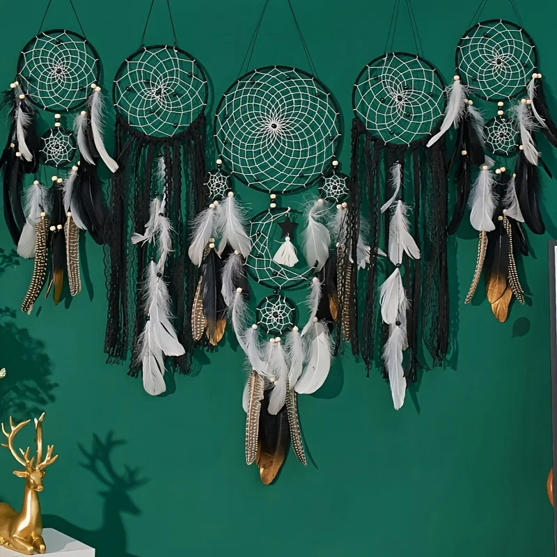 5pcs Large Boho Dreamcatcher Hanging Decoration - Portable, Feathered, Metal Crafted, Room Wall Hanging, Bedroom Decor