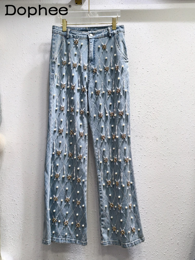 

Street Style Heavy Industry Beads Jeans for Women 2024 Spring Autumn New High Waist Slimming and Straight Loose Wide Leg Pants