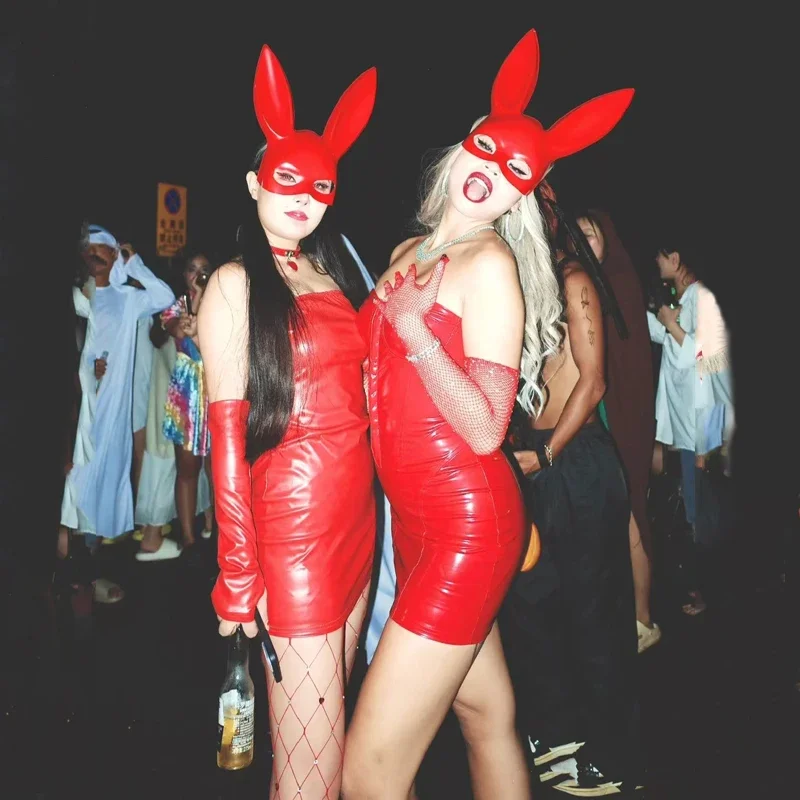 Sexy Red Bunny Cosplay Dress Little Devil PU Boob Tube Top DIY Halloween Costume For Women Club Dresses Bodycon Gangster Rabbit