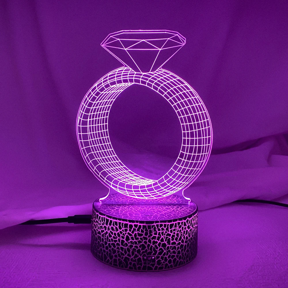 3D LED Night Lamp Romantic Diamond Ring Hologram Acrylic Laser Engrave Nightlight for Adult Bedroom Decoration Atmosphere