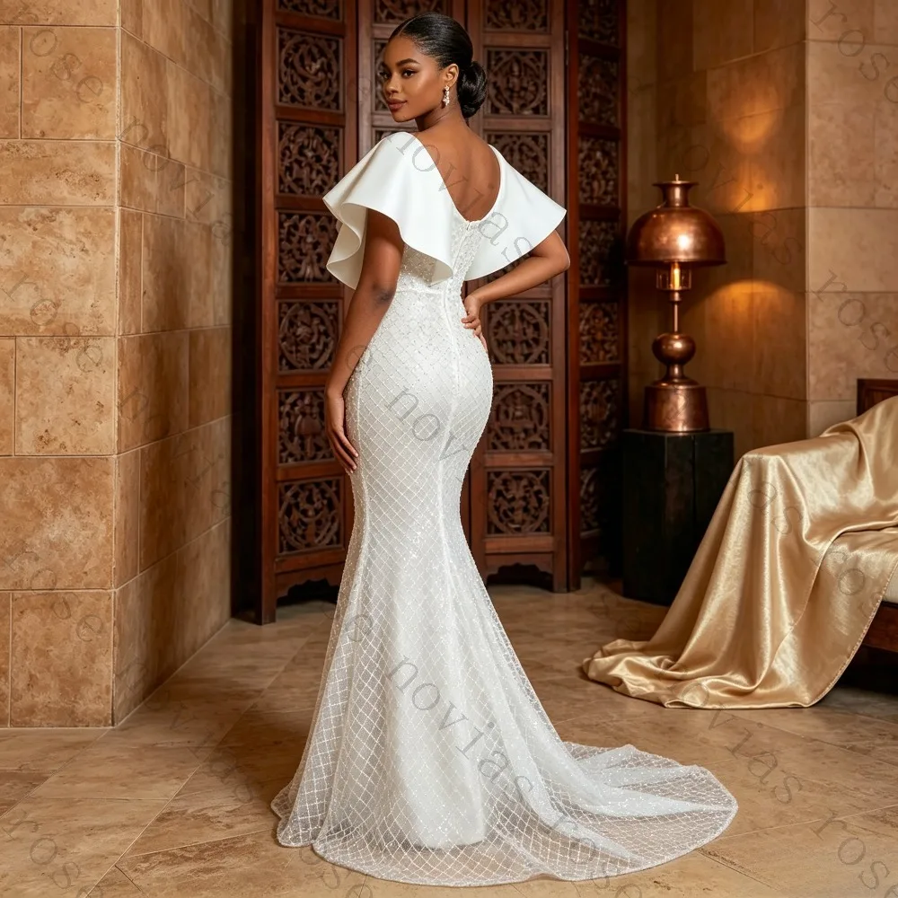 Customized One Shoulder Big Ruffle Sparkle Mesh Mermaid Evening Dress White Slim Fit Sweep Train Luxury Banquet Bridal Gown