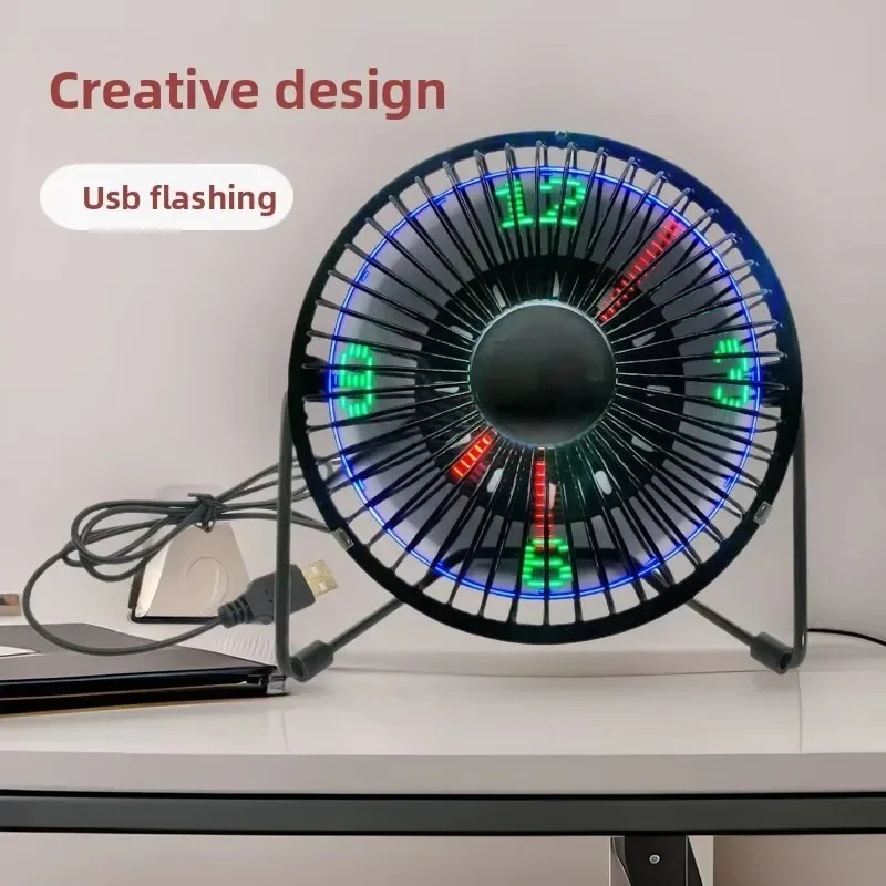 Superior 4 Inch Clock Fan Smart LED Flash Desktop Small Fan Time Real Adjustable Wrought Iron Fan