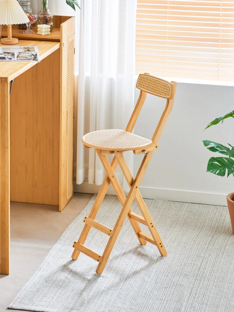 

Foldable bar chair Japanese rattan kitchen high stool checkout page bar restaurant chair log home backrest