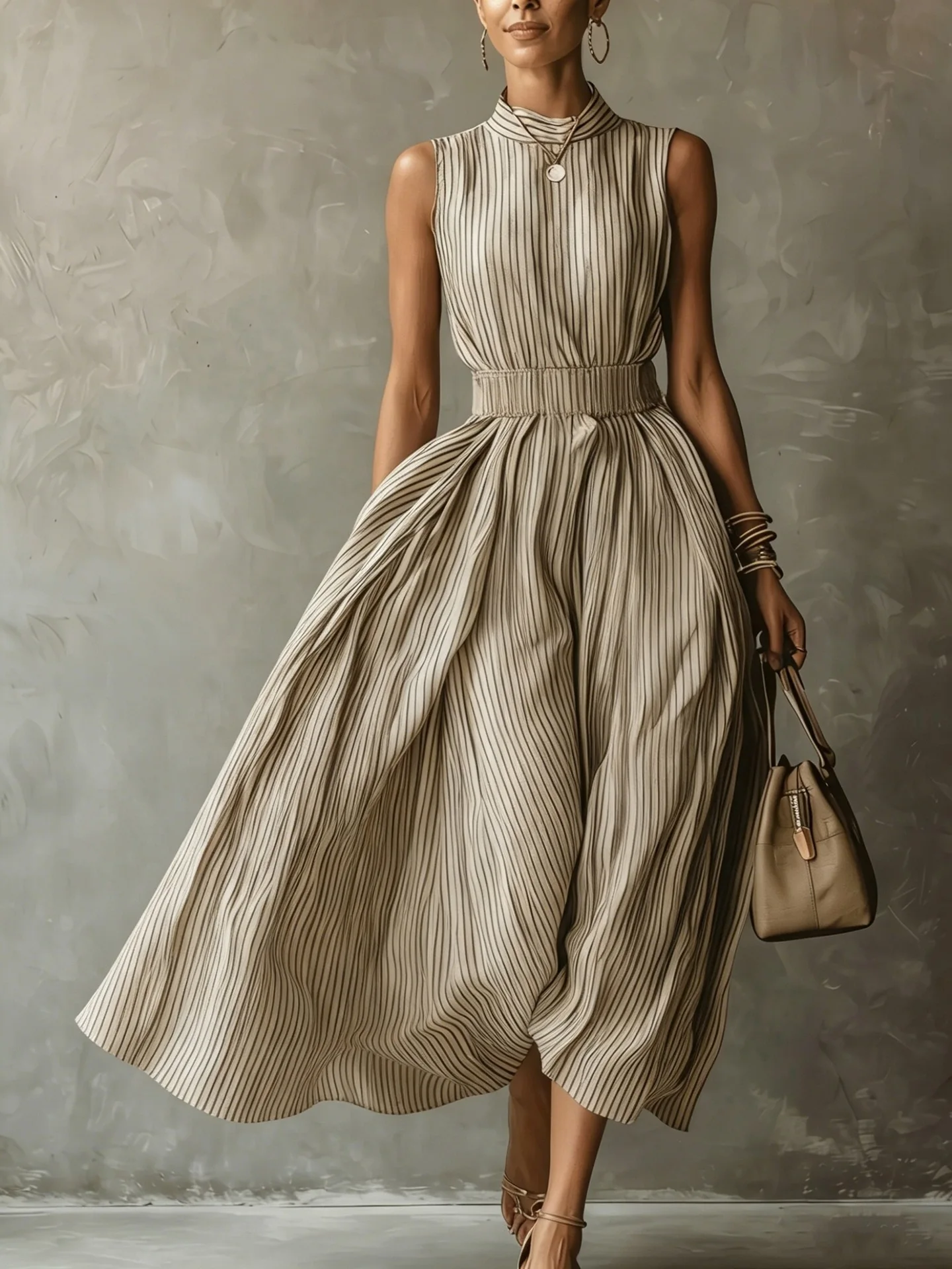 Women Sleeveless Striped Long Dress Stand Collar Elastic High Waist Flowy A‑Line Long Sundress Elegant Office Holiday Vestidos