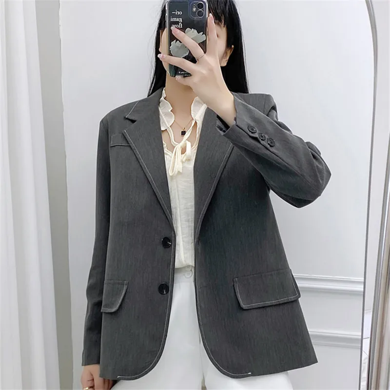 Women Blazer 2024 Spring Autumn New Fashion Notched Collar Long Sleeve Pockets Loose Suit Jacket Female Casual Outerwear W326