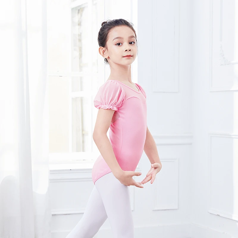 Girls Ballet Leotards Puff Sleeve Gymnastics Leotards Mesh Splice Ballet Dance Wear Overall Ballet Bodysuit Kids Dance Costumes