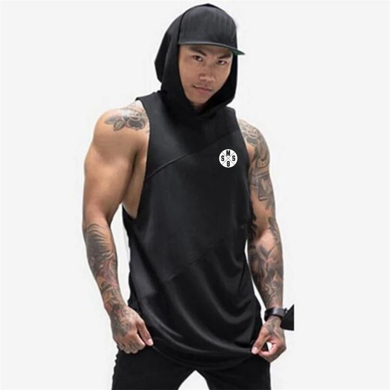 Summer Men Cotton Mesh Splicing Loose Tank Tops Gym Workout cool Bodybuilding Fitnes Hooded Sleeveless Muscle Running Sport Vest