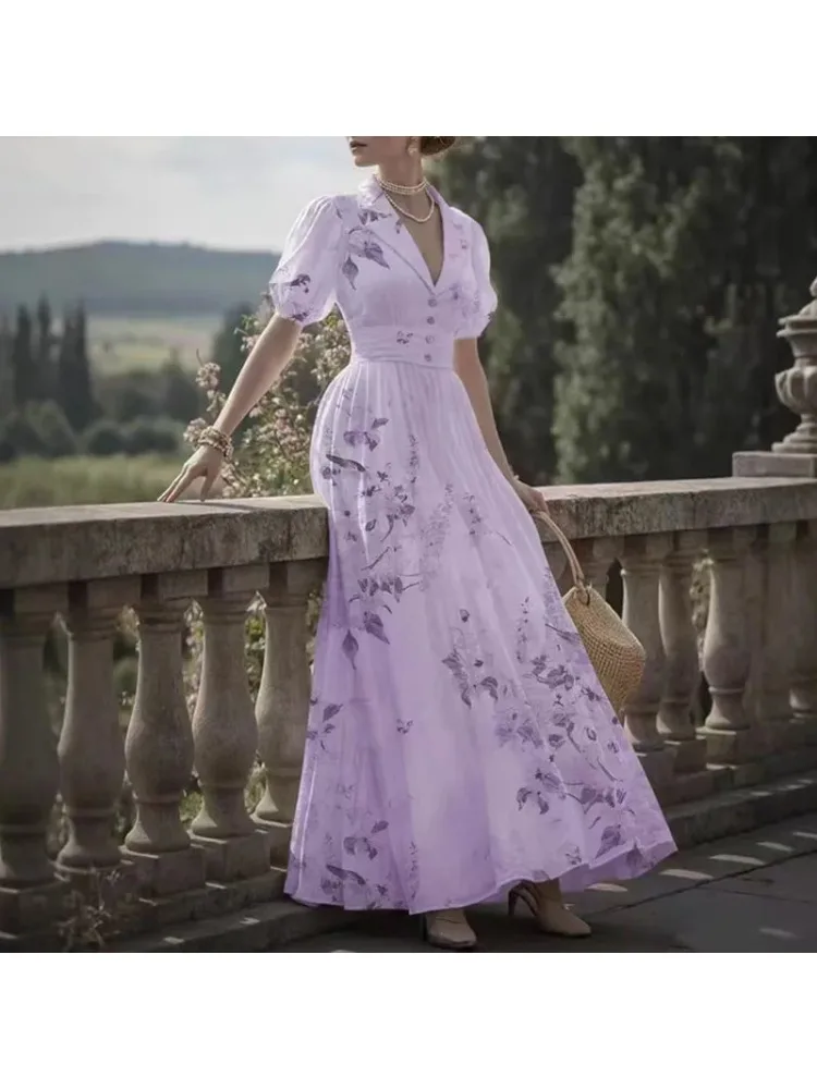 Robe longue Vintage à imprimé Floral pour femme, tenue de soirée élégante, col en V, boutons, taille haute, manches lanternes, Maxi, été